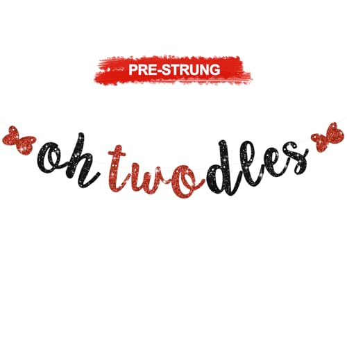 RICHHHA Glitter Oh Twodles Banner Mouse Themed Cartoon 2nd Baby Birthday Decorations Birthday Party Supplies Decorations for Boys Girls,NO DIY,Black Red