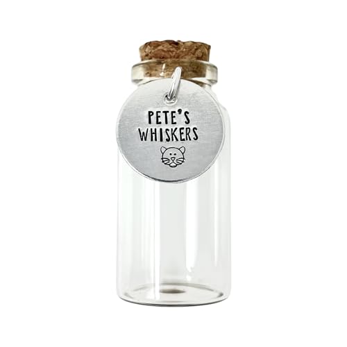 Stamped Expressions Co. Personalized Whiskers Jar for Pet, Custom Name Tag with a Cat Image, Pet Keepsake Jar Vial for Memorial Storage Gift, Holder Made of Glass with Cork