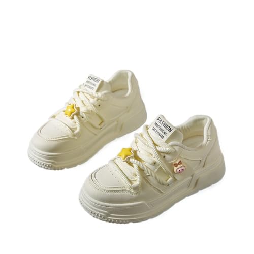 Kawaii Japanese Comic Starry Lace-Up Sneakers with Cloudy Chunky Heel for Women - Trendy Shoes in Yellow/Pink/White Color Block | Ideal for Travel & Outfits