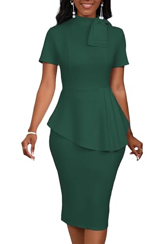 Image of PerZeal Women's Fashion Peplum Bodycon Short Sleeve Work Dresses Bow Club Ruffle Pencil Formal Cocktail Dress