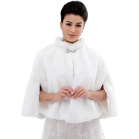 Aukmla Faux Fur Wrap Bridal Wrap Stole Wedding Fur Shrug Faux Fur Cape with Stunning Rhinestones Brooch (White) Cover