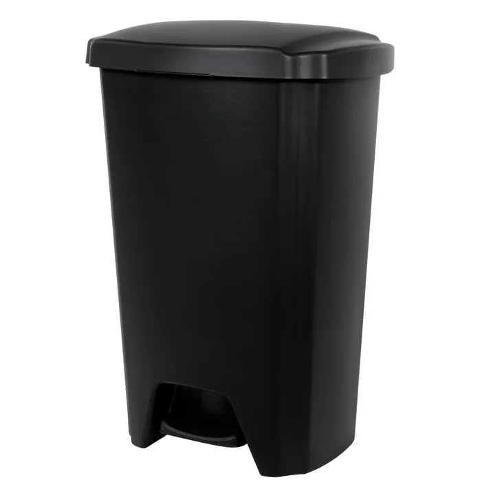 12.1 Gallon Step Trash Can with Lid - Black Plastic Kitchen Garbage Bin, Black, for Modern Home & Office Use