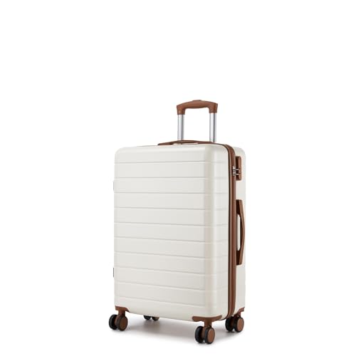 Image of Shavont 24 Inch Medium Checked Suitcase, Lightweight ABS Luggage for Holiday, Hard Shell Travel Case with 4 Spinner Wheels, Combination Lock and Telescopic Handle (Cream)