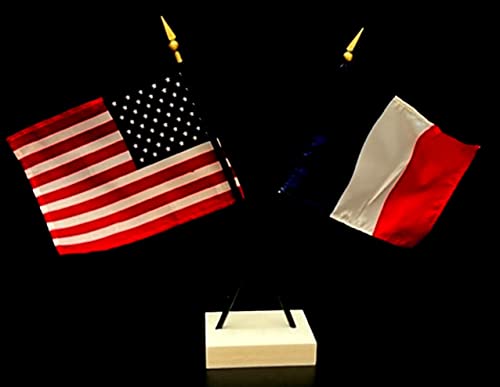 Made In Usa. 1 American And 1 France Miniature Rayon 4"X6" Office Desk Flag. Little Hand Waving International Table Flag, Includes Crossed White Flag Stand With 2 Small 4"X6" Mini Stick Flags #TOP28