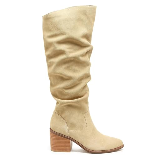 Suede Knee High Boots for Women Chunky Block Heel Pointed Toe Pull on Comfortable Cowboy Slouch Tall Boots3