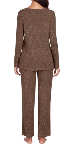 TAOHUADAO Womens Lounge Set Long Sleeve Pajama Sets 2 Piece Pj Outfits Casual Ribbed Knit Sleepwear with Pockets4