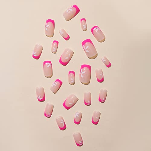 24Pcs Square Press On Nails Medium Fake Nails, Glossy Pink Nail Tips With Flower Designs, Acrylic Pink French Tips Full Cover False Nails, Sweet Reusable Stick On Static Nails For Women&Girls #TOP1