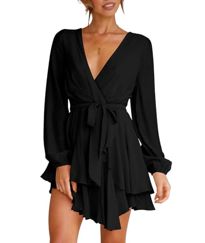 Wenrine Damen Kleider Sexy Tiefer V-Ausschnitt Freizeitkleid A Linie Rüschen Minikleid Langarm Wickelkleid mit Gürtel, Schwarz, XXL