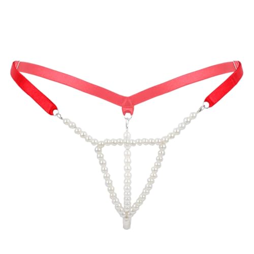 Hansber Femme Strings Tanga Perles Mini Bikini Slip Low Rise Stretch Sousvêtements avec Chaîne Lingerie Dessous Clubwear Rouge Taille Unique