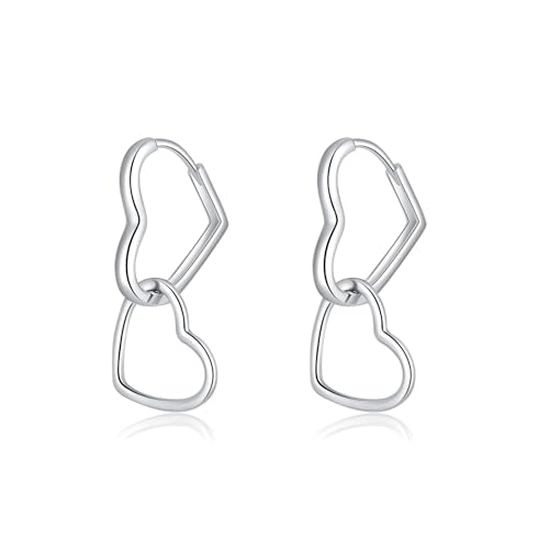 SLUYNZ 925 Sterling Silver Heart Hoop Earrings for Women Teens Sweet Love Hoop Earrings Double Heart Earrings