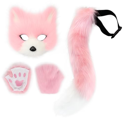 Adolala Faux Fur Fox Tail Cat Wolf Set Plush Mask Fluffy Paw Gloves Halloween Christmas Party for Women