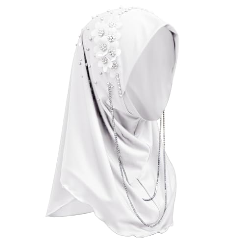 TINAYAUE Adult Muslim Hijab Women’s Ice Silk Soft Islamic Head Wrap Scarf Shawl Hijab Bead Flower Necklace Instant Turbans