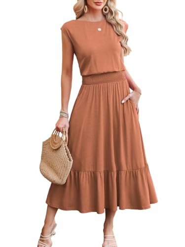 Image of Kikibell Womens Summer Dresses Cap Sleeve Elastic Waist Midi Dress with Pocket Long Causal Sundress Beach Vacation Outfits