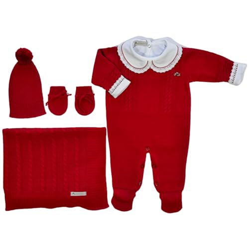 Kit Saída De Maternidade 5 Peças com Body Algodão + Macacão Tricô + Manta Tricô + Touca Tricô + Luva