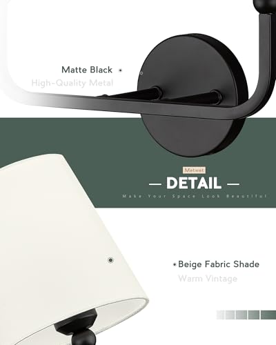 Image of 2-Light Bathroom Light Fixtures, Matte Black Vanity Lights, Double Wall Sconce with Beige Fabric Shade, Modern Sconces Wall Lighting for Hallway Bedroom Stairway, VL837-MB-B-2