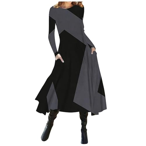 Kleid Winter Damen Lang A Linie Kleider Damen Elegant Schwingen Midikleid Damen Langarm Leicht Herbstkleid Midi mit Taschen Damenkleider Rundhals...