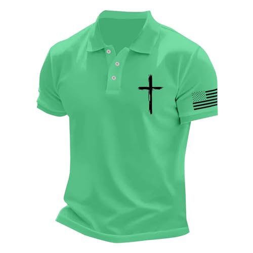 Mens Christian Cross Polo Shirts American Flag Short Sleeve Golf Clothes 4th of July USA Flag Casual Patriotic Tops