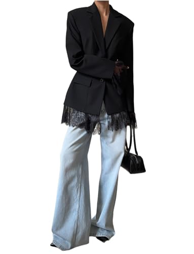 Blazer tuxedo noir pour femme avec revers cranté et détails en dentelle chic