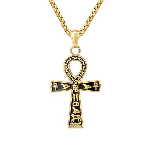 Ankh Cross Pendant Necklace, Ancient Egyptian Key of Life, Coptic Amulet of Protection, Stainless Steel Jewelry for Men and Women, 24-Inch Chain, Available in Black, Gold, Silver