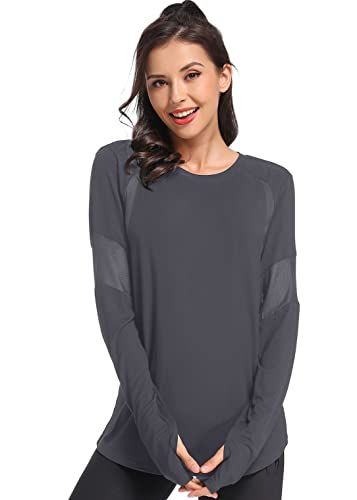 Women's Mesh Panel Long Sleeve Workout Top Sports Shirts Darkgrey