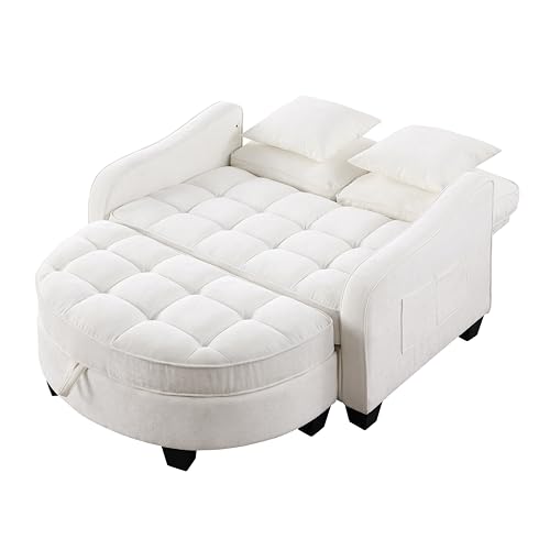 A ALFRESCOOL Sofa mit Schlaffunktion, 2-in-1 Schlafsofa, Modulares Sofa, Aufbewahrungs-Hocker & 4 Kisse, für Kleine Wohnzimmer, Studienzimmer, Schlafzimmer, 132×129×93cm (Beige)