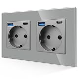JIMEIDA Enchufe doble con USB 20 W, carga rápida en gris, 16 A, cristal Schuko con conector USB y puerto tipo C, enchufe de pared empotrado, 157 x 86 mm, 250 V, 2 enchufes