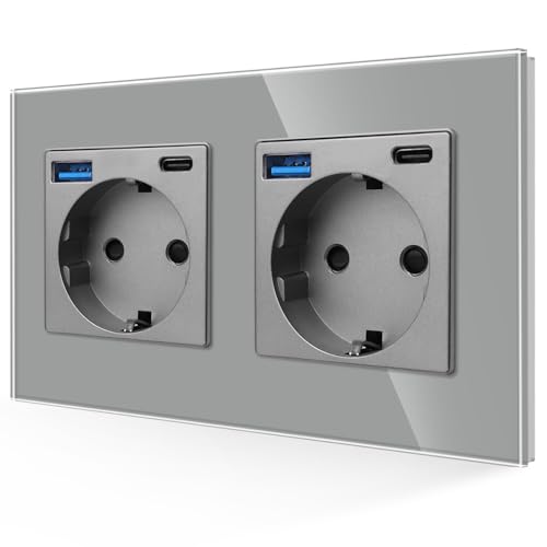 JIMEIDA Doppelsteckdose mit USB 20W Schnelles Laden in Grau, 16Amp Glas Schuko Steckdosen mit USB Anschluss und Typ C Port, Unterputz Schutzkontakt Wandsteckdose-157 * 86mm, 250V, 2 Fach
