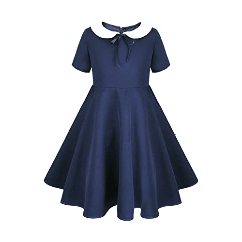Abbyabbie.li Girls Short Sleeve Uniform Dresses Casual Peter Pan Collar Fit And Flare Skater Dress 2-12 Years Dark Blue #TOP1
