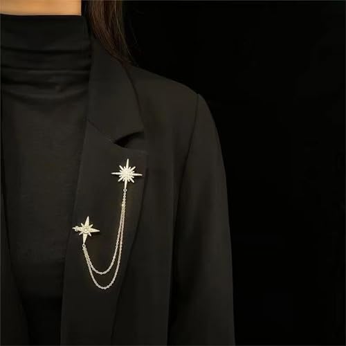 Image of 2PCS Crystal Hanging Chain Brooch Suit Pin for Men Women Vintage Crown Cross Star Diamond Broochs Gold and Silver Wedding Brooch for Clothes Dress Hats Bags Accessory