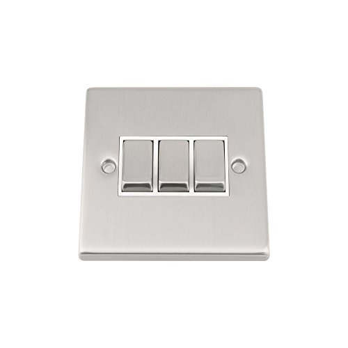 Light Switch Triple 3 Gang - Satin Matt Chrome Square - White Insert - Metal Rocker Switch - 10 Amp 3 Gang 2 Way