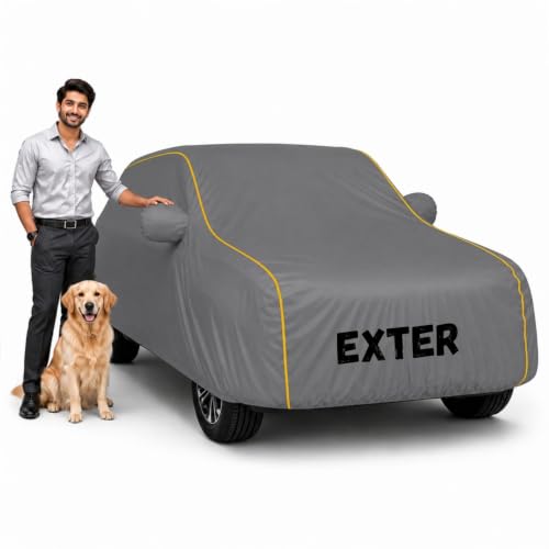 Image of Waterproof Car Cover for Exter | Soft Cotton Lining Heavy Duty Triple Stitched Heat Resistant Outdoor Cover Comes with Mirror and Antenna Pocket Full Bottom Elastic (Zig Zag Grey)