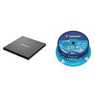 Verbatim External Slimline CD/DVD Writer, USB 3.2 Gen1 mit USB-C Anschluss inkl. USB-C auf USB-A-Kabel, Externer DVD-Brenner, inkl. 700 MB CD-R 25er Spindel