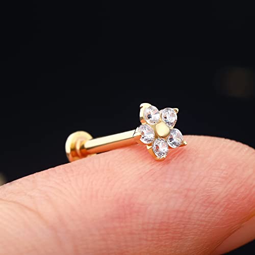 Jewseen 14K Gold Top Push In Threadless Cz Flower Flat Back Stud Opal Cartilage Earring Nose Stud Lip Ring Threadless Earring Helix Stud Tragus Piercing Jewelry For Women Men #TOP4