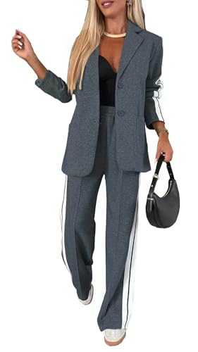 Women 2 Piece Business Outfits Sets Striped Print Blazer Jacket and Wide Leg Pants Work Casual Office Suit Sets