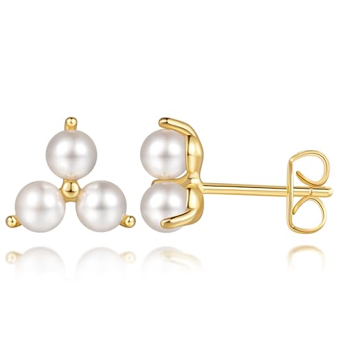 Pearl Earrings for Women 14K Gold Earrings for Women Gold Studs Earring for Womens Pearls Stud Triangular Shape and Soft Luster Pearl Stud Earring for Womens 9mm