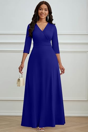 Image of CLOCOR Maxi Dress for Women Long Summer Short Sleeve Evening Formal V Neck A Line Dresses Wedding Guest Empire Waist Elegant