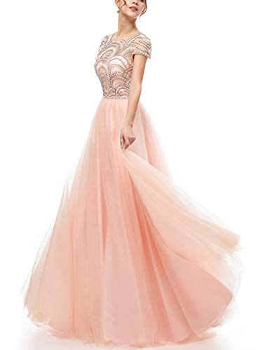 Founton Prom Dresses 2022 Women s Formal Evening Dress Cap Sleeves Round Neck Tulle Party Dress with Beads, Soft Pink, 12