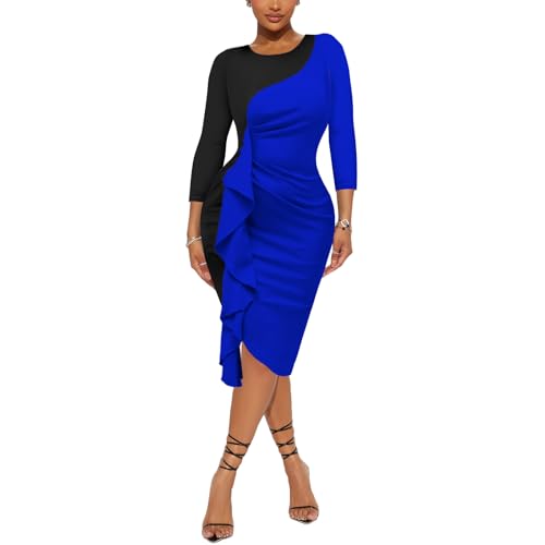 Women's Ruffle Wear to Work Dress, Long Sleeve Crew Neck Colorblock Sheath Bodycon Midi Dresses