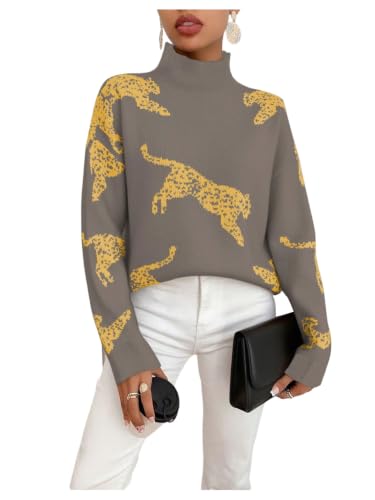 Image of WDIRARA Women's Leopard Tiger Print Sweater High Neck Long Sleeve Fuzzy Knitted Pullover Top