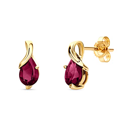 Orovi Bijoux Femmes Boucles d'Oreilles poires avec Pierre Précieuse Rubis rouge Boucles d'Oreilles pendantes en Or Jaune 9 Carat / 375 Or