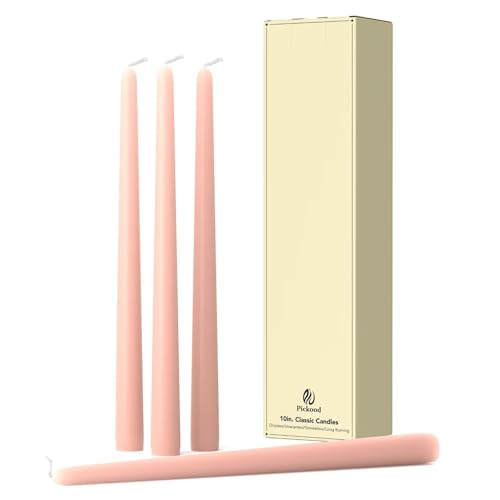 Pickood 10-Inch Tall Dripless Taper Candles Set of 4 - Pearl Pink Tapered Candles, Perfect for Christmas - Smokeless, Unscented, Long Burning - Hand Poured, Colored Tall Candlesticks - Rosa Perla