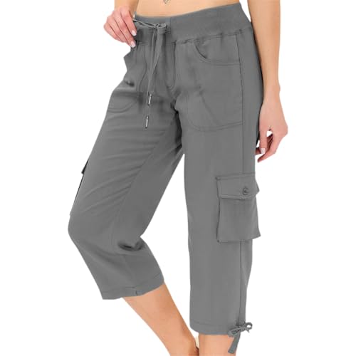 FOCLMP Cargo Capris for Women Elastic Waist Hiking Pant with Pockets Bow Drawstring Summer Workout Travel Stretch Pull on Ladies Capris with Pockets Dark Gray L
