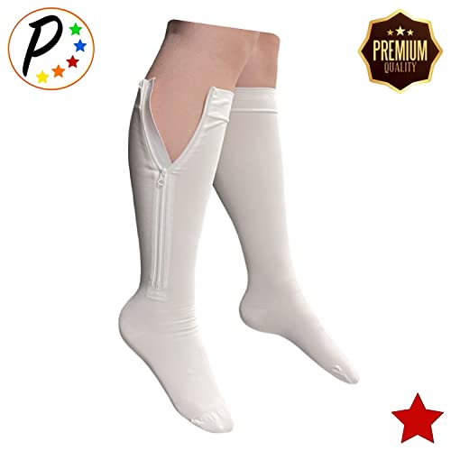 Image of Presadee Premium 20-30 mmHg Firm Compression Leg Calf YKK Zipper White Socks (Closed Toe, 3)