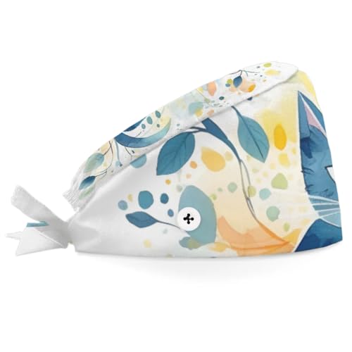 Mularoka Watercolor Cat Tree Working Caps with Button Sweatband Comfortable Adjustable Bouffant Hats Work Hat for Women Men