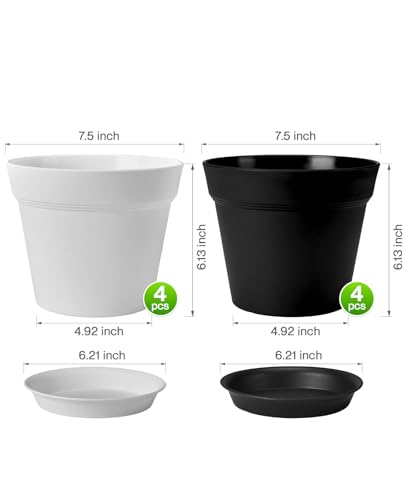 homenote Plant Pots,7.5 Inch Flower Pots for Plants Plastic Planters for Indoor with Multiple Drainage Holes and Trays, for All Home Garden Flowers Succulents,Outdoor(White&Black,8 Pack) - Thumbnail 4