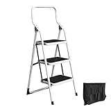 3 Step Ladder Folding Step Stool Ladder for Adults with Handrails and Tool Bag - 330lb Capacity Nonslip Steel Frame Stepping Stool - Foldable Ladders for Home Repair, Kitchen or Bedroom by Stalwart