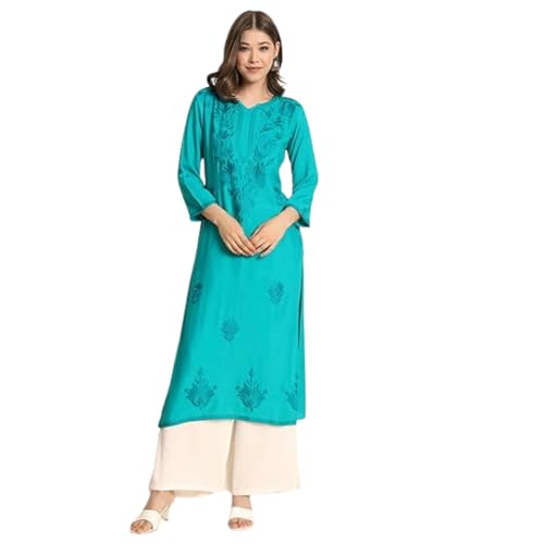 Image of VAIRAGEE Women's Embroidered Lukhnavi Chikankari Work Straight Rayon Ethnic Kurta | Casual Office Kurta for Women