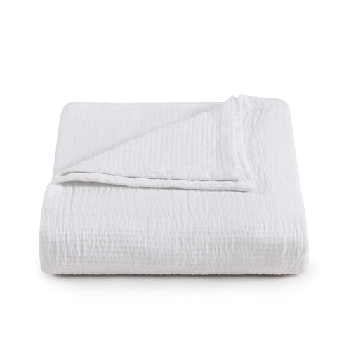 Image of Tommy Hilfiger - Queen Cotton Blanket, Woven Running Stitched Bedding, Medium Weight Soft Blanket, Anti-Pilling & Fade Resistant, Ideal for Layering, Oeko-TEX Certified (White)
