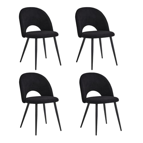 JZGORC Lot de 4 Chaise de Salle à Manger, Chaise de Salle à Manger Teddy en Velours Doux, Chaise de Cuisine avec Siège Moelleux et Accoudoirs, Pieds en Métal - Noir