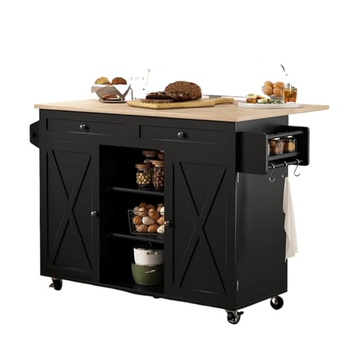 Mobile-Shelving-Kitchen-Island-On-Wheels-Rolling-Kitchen-Island-Cart-with-Drop-Leaf-Countertop-Barn-Door-Kitchen-Island-Table-with-Storage-Kitchen-Utility-CartBlack Mobile Shelving Kitchen Island On Wheels Rolling Kitchen Island Cart with Drop Leaf Countertop Barn Door Kitchen Island Table with Storage Kitchen Utility CartBlack